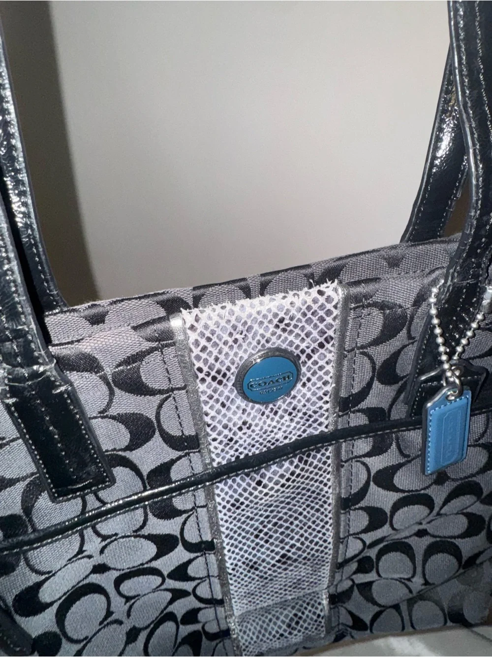 Coach Black Signature Canvas Tote with Blue Accent